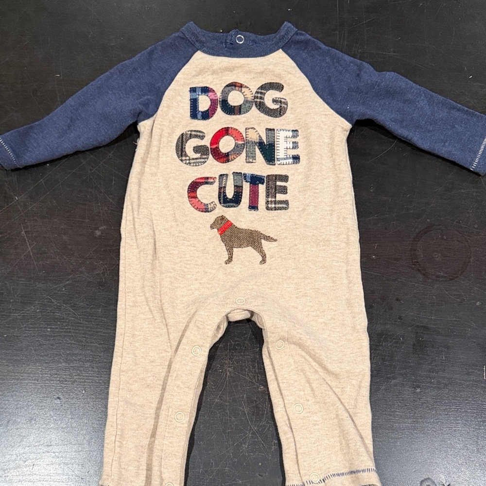 Mud Pie 0/3 One-Piece 'Dog Gone Cute' Beige and Navy Romper